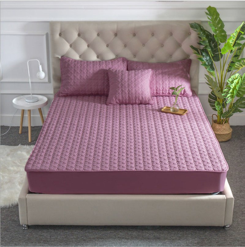 Solid Color Cotton Bed Sheet - Quilted Mattress Cover, Non-Slip, Thick