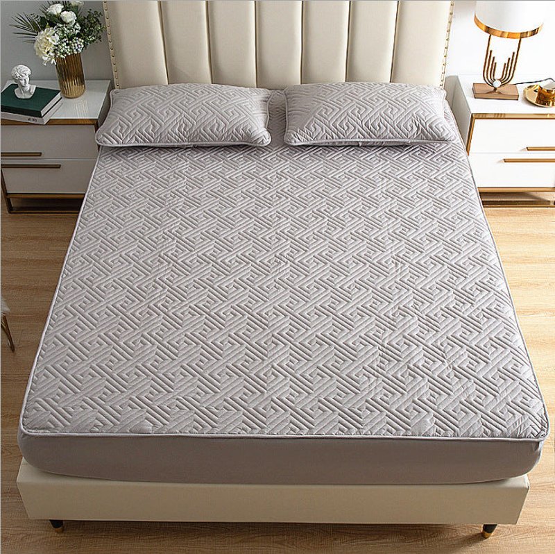 Solid Color Cotton Bed Sheet - Quilted Mattress Cover, Non-Slip, Thick