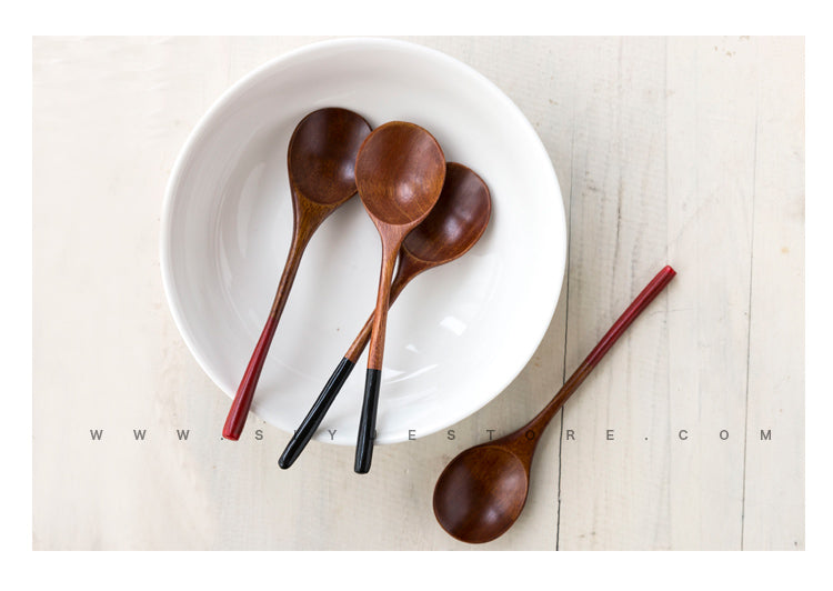 Japanese Style Natural Log Spoon Couple Spoon Kitchen Utensil with Black or Red Handle