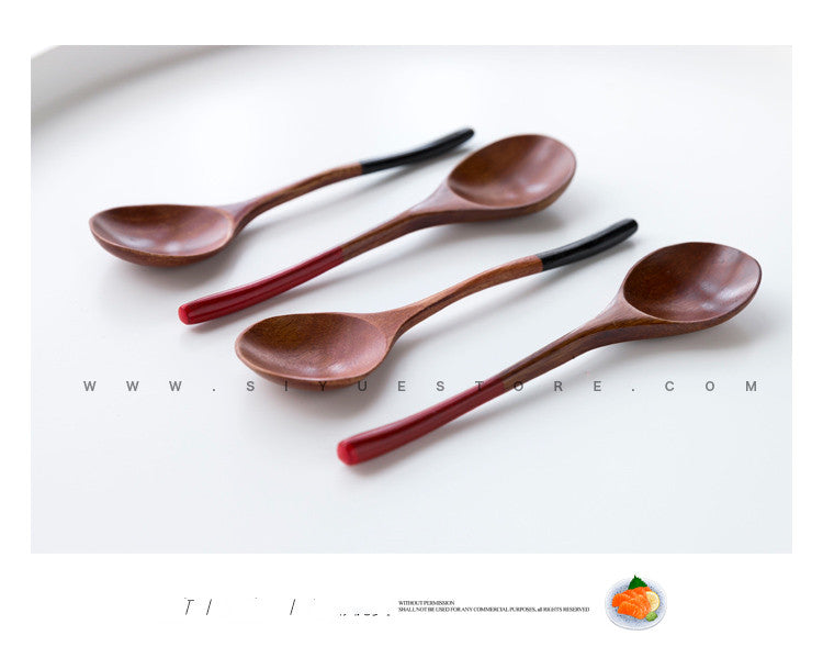 Japanese Style Natural Log Spoon Couple Spoon Kitchen Utensil with Black or Red Handle