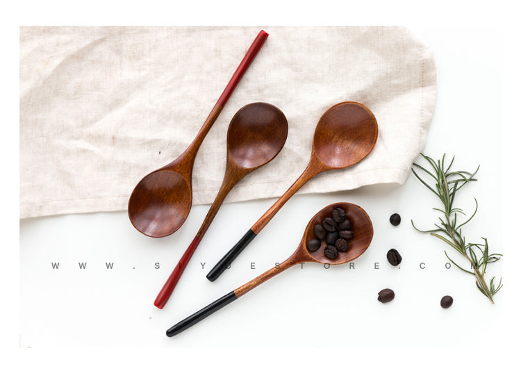 Japanese Style Natural Log Spoon Couple Spoon Kitchen Utensil with Black or Red Handle