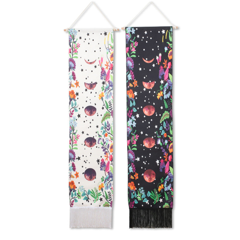 Lunar Eclipse Floral Tapestry Wall Hanging with Fringed Edges - Cotton Linen Material