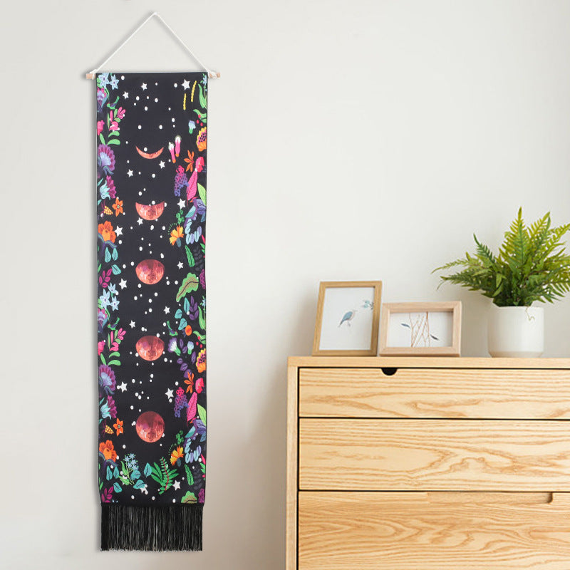 Lunar Eclipse Floral Tapestry Wall Hanging with Fringed Edges - Cotton Linen Material