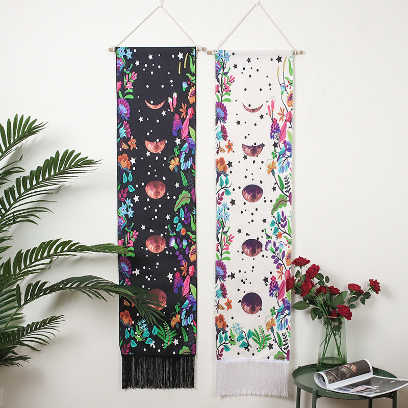 Lunar Eclipse Floral Tapestry Wall Hanging with Fringed Edges - Cotton Linen Material