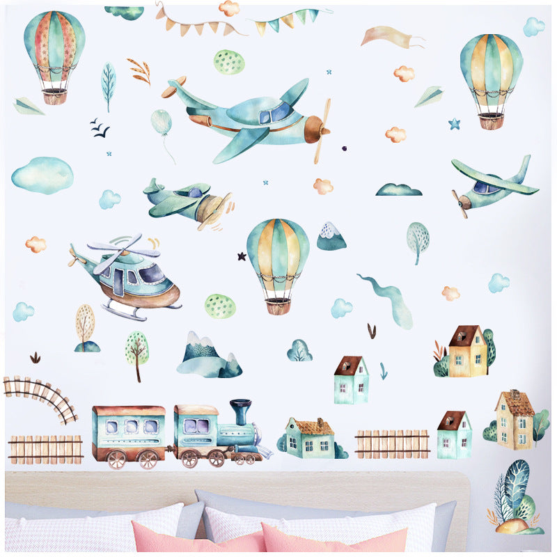 Waterproof Wall Sticker - Hot Air Balloon & Train Children's Decor - Light Blue 25x70cm