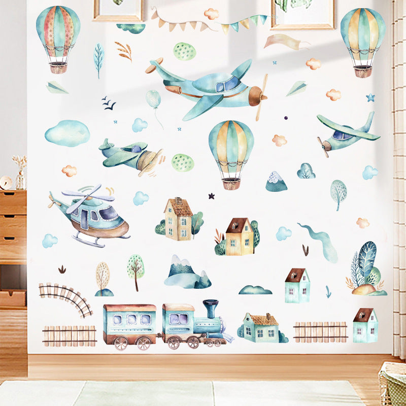 Waterproof Wall Sticker - Hot Air Balloon & Train Children's Decor - Light Blue 25x70cm
