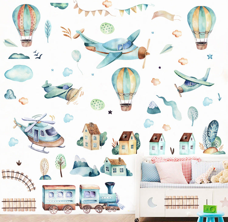 Waterproof Wall Sticker - Hot Air Balloon & Train Children's Decor - Light Blue 25x70cm
