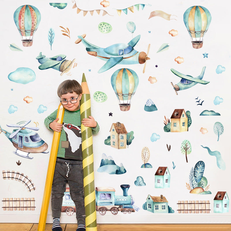 Waterproof Wall Sticker - Hot Air Balloon & Train Children's Decor - Light Blue 25x70cm