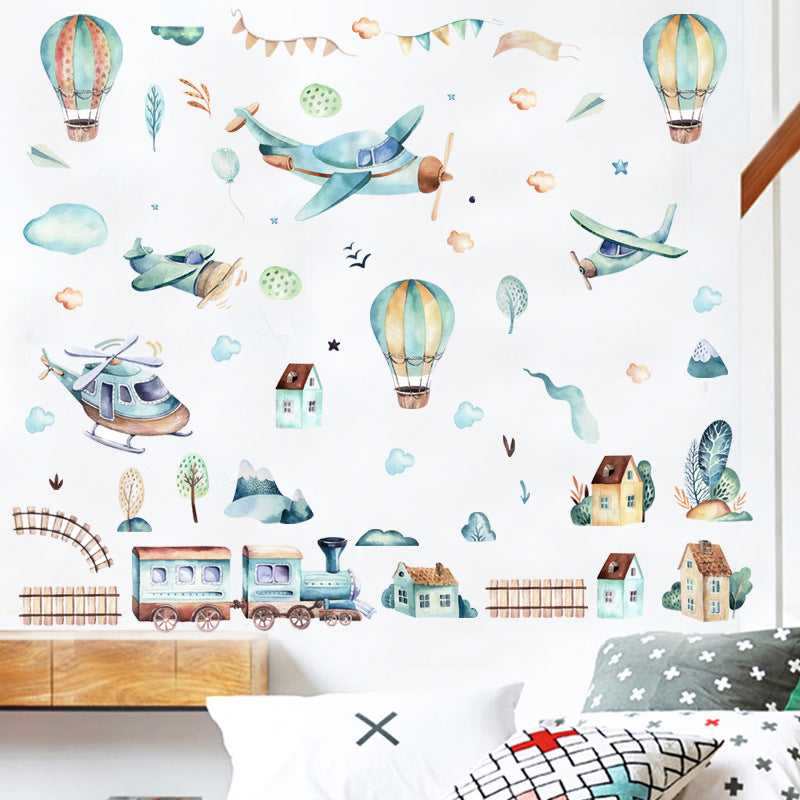 Waterproof Wall Sticker - Hot Air Balloon & Train Children's Decor - Light Blue 25x70cm