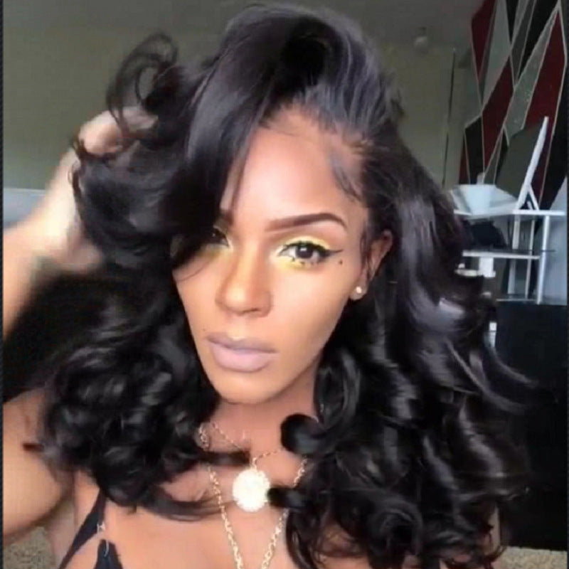 Black Synthetic Hair Wig – Long Curly with Oblique Bangs