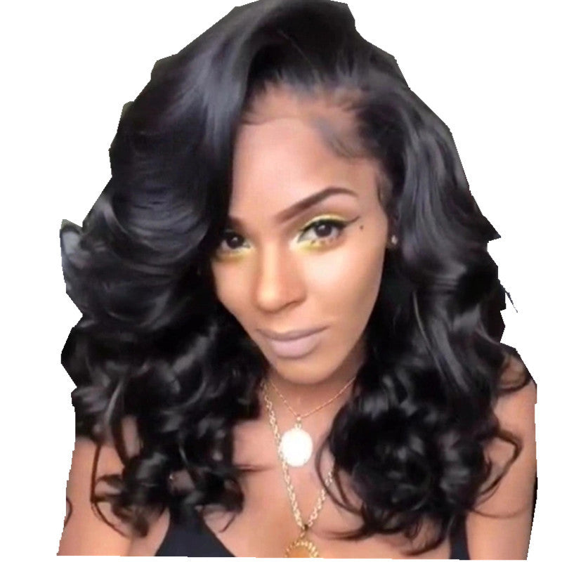 Black Synthetic Hair Wig – Long Curly with Oblique Bangs