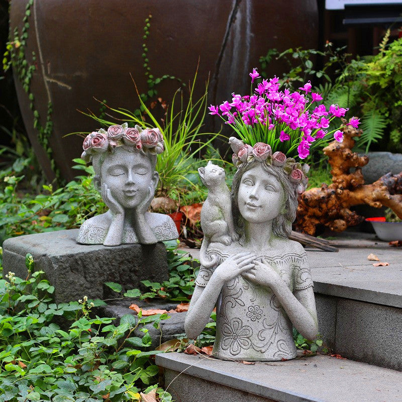 Resin Flower Pot with Kitty and Bird Sculpture for Home Garden Decor