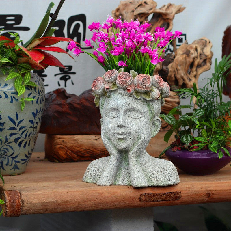Resin Flower Pot with Kitty and Bird Sculpture for Home Garden Decor