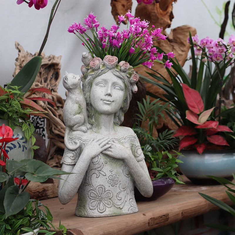 Resin Flower Pot with Kitty and Bird Sculpture for Home Garden Decor