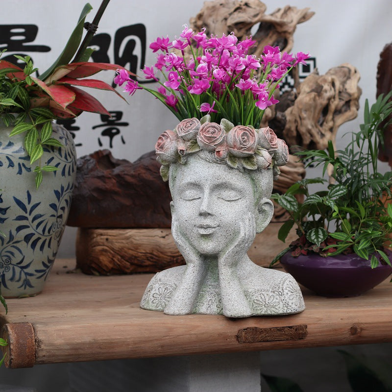Resin Flower Pot with Kitty and Bird Sculpture for Home Garden Decor