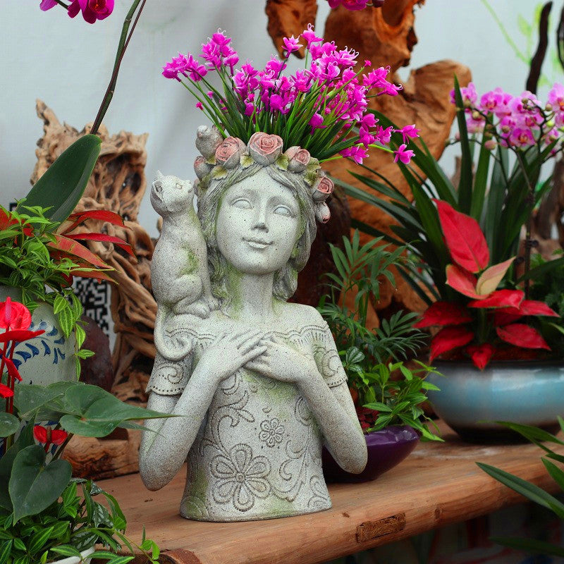 Resin Flower Pot with Kitty and Bird Sculpture for Home Garden Decor