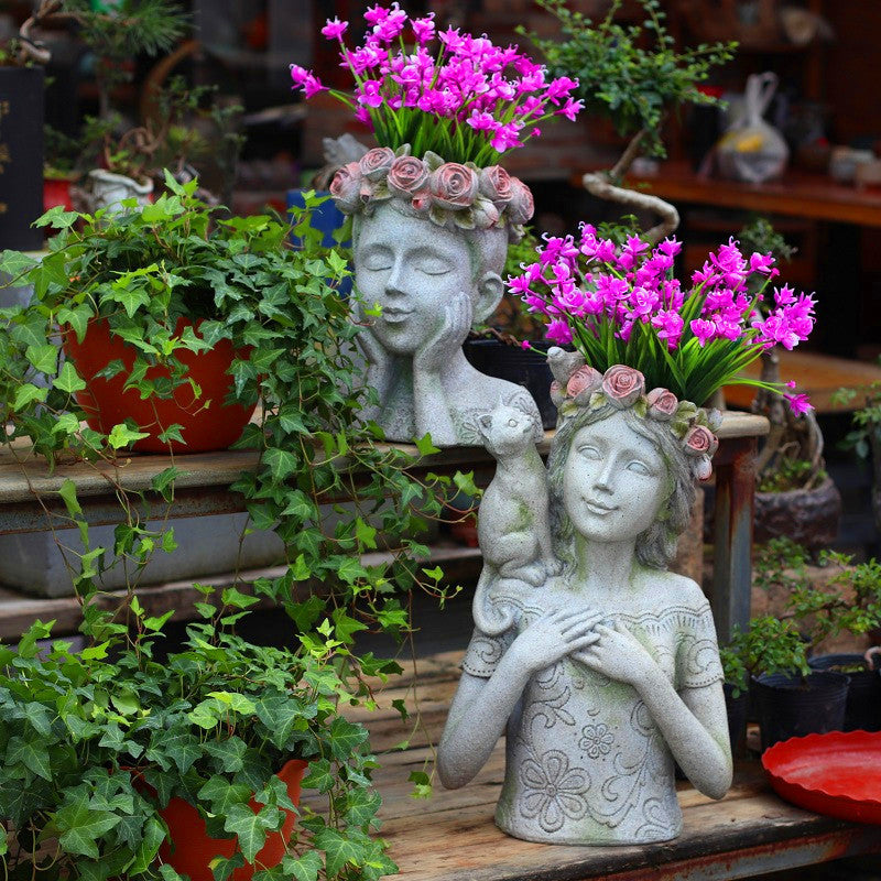 Resin Flower Pot with Kitty and Bird Sculpture for Home Garden Decor