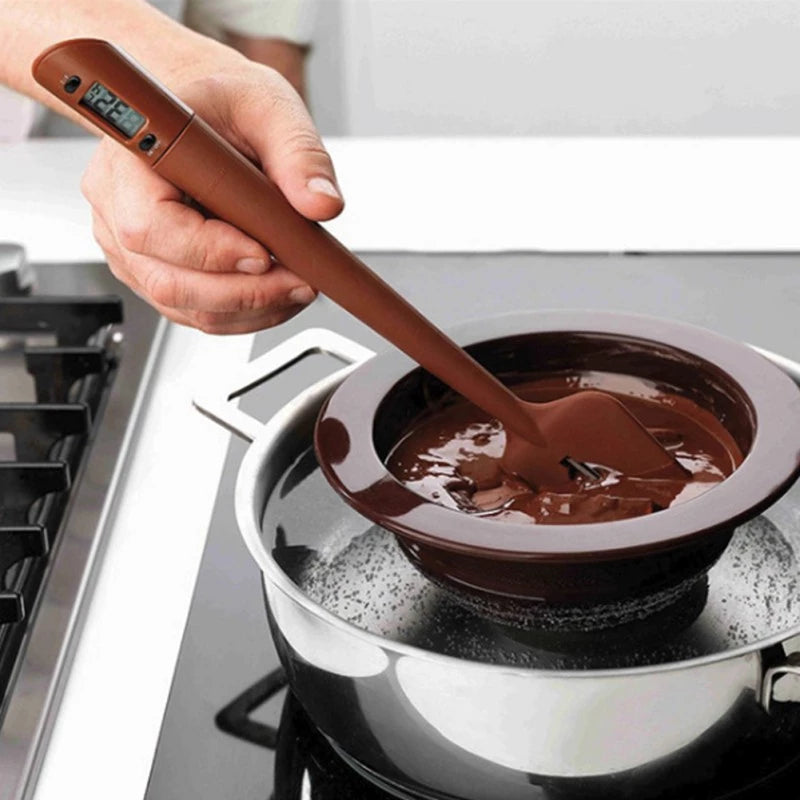 Digital Cooking Thermometer with Silicone Scraper Spatula - Food & BBQ Safe, Brown