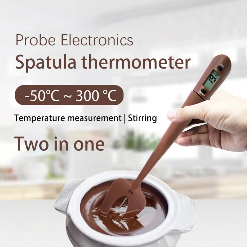 Digital Cooking Thermometer with Silicone Scraper Spatula - Food & BBQ Safe, Brown