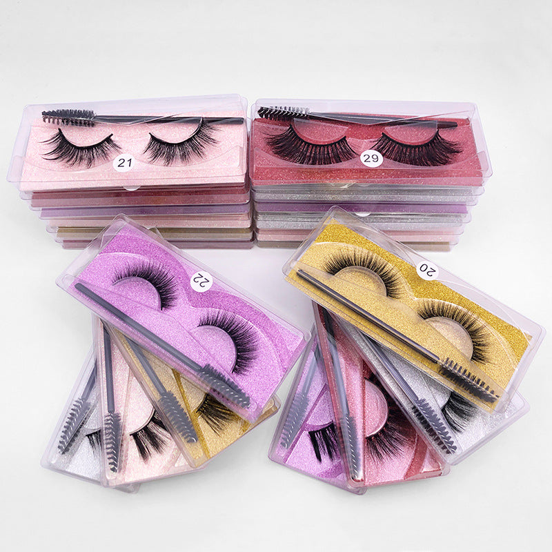 Natural 3D False Eyelashes Set with Brush - Imitation Mink Elongated Style