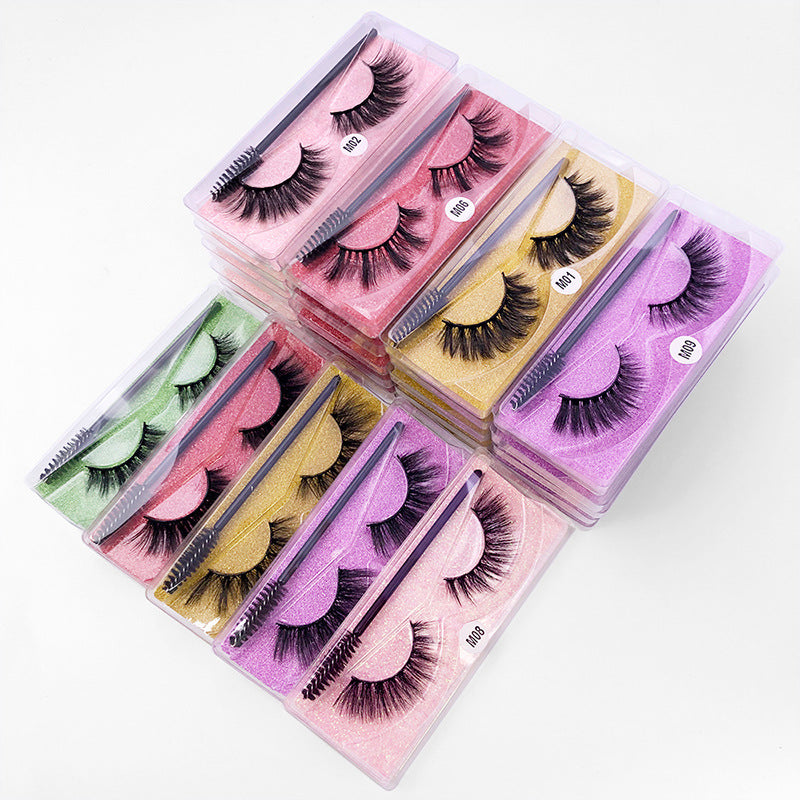 Natural 3D False Eyelashes Set with Brush - Imitation Mink Elongated Style