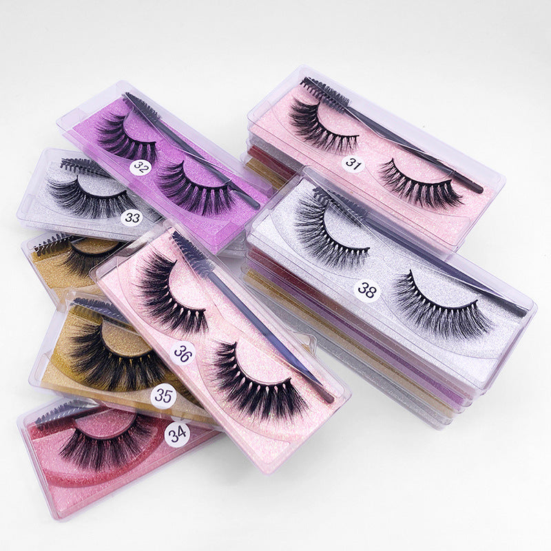 Natural 3D False Eyelashes Set with Brush - Imitation Mink Elongated Style