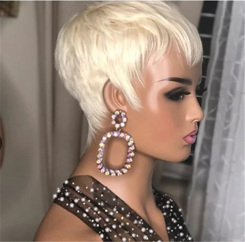 Short Straight Korean Style Synthetic Wig with Long Bangs - Blonde and Dark Brown