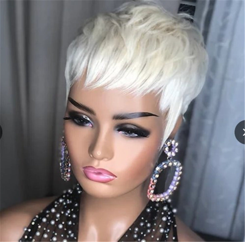 Short Straight Korean Style Synthetic Wig with Long Bangs - Blonde and Dark Brown