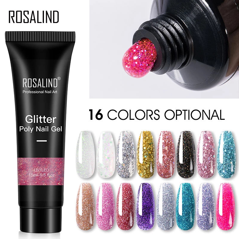 Glitter Poly Nail Gel Extension 15ml for Manicure, UV/LED Curing, All Colors