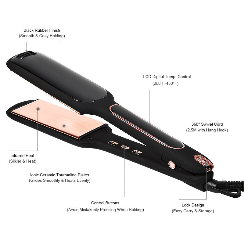 Black Wide Plate Hair Straightener with Temperature Control - Professional Styling Tool