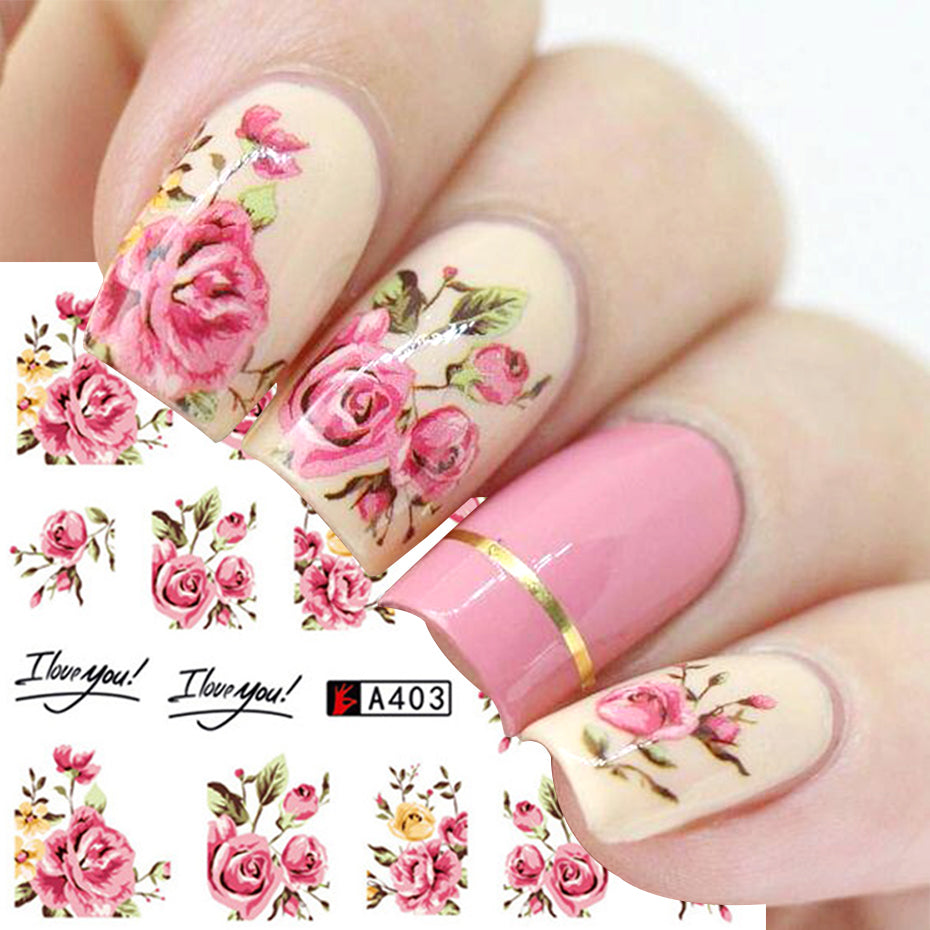 Red Flower Nail Art Stickers with Bowknot Lace - 2 Sheets for Manicure