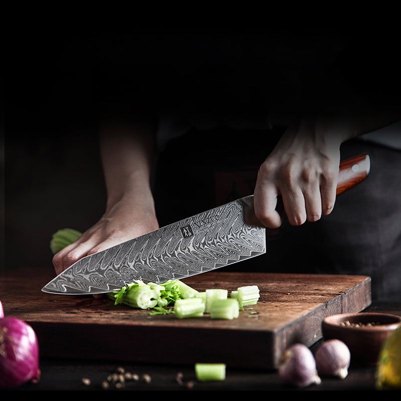 Chef's Knife with Wooden Sheath or Leather Case - Damascus Steel Kitchen Slicing Knife