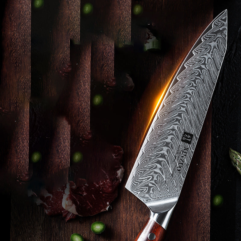 Chef's Knife with Wooden Sheath or Leather Case - Damascus Steel Kitchen Slicing Knife