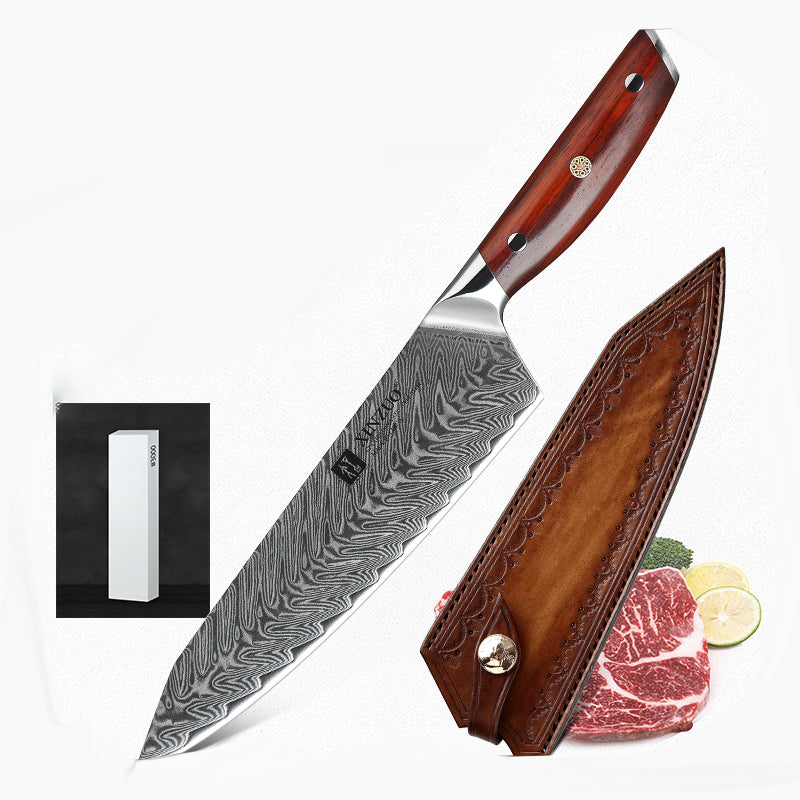Chef's Knife with Wooden Sheath or Leather Case - Damascus Steel Kitchen Slicing Knife