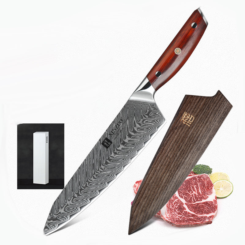 Chef's Knife with Wooden Sheath or Leather Case - Damascus Steel Kitchen Slicing Knife