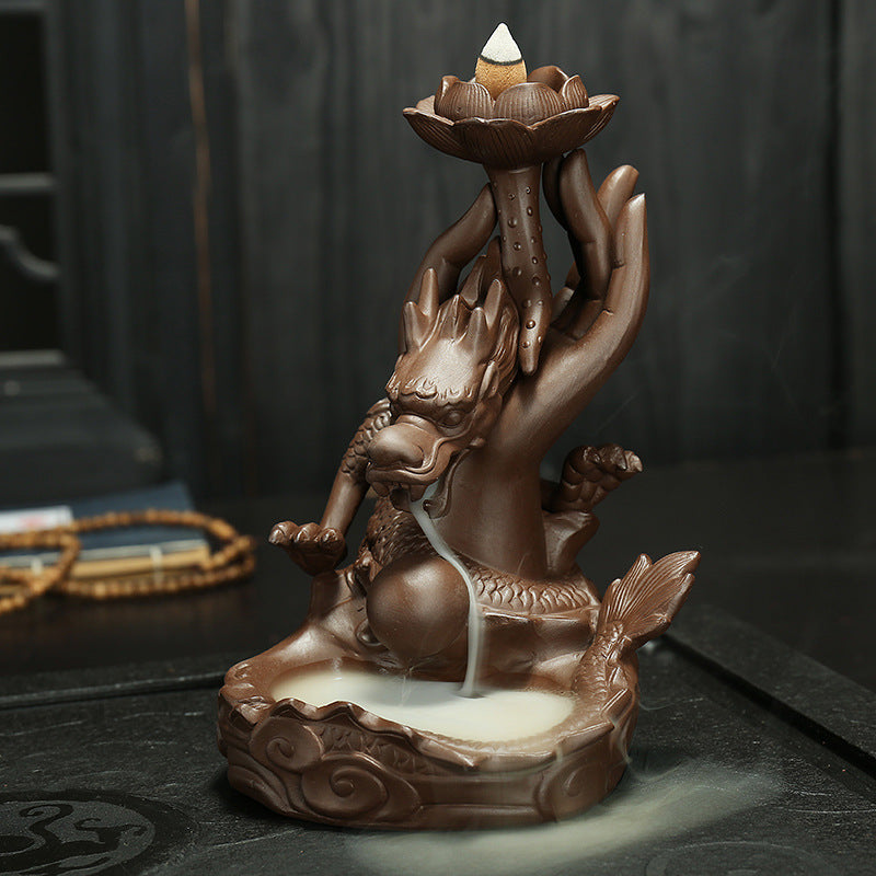 Purple Sand Incense Burner Handcrafted Backflow Aromatherapy Ornament - Panlong Style