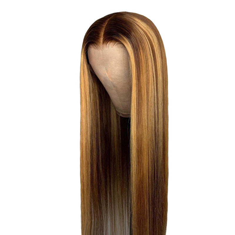 Long Straight Gradient Wig for Women - Brown Hair with Highlights 65CM