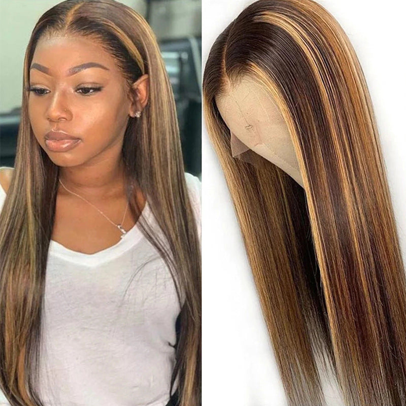 Long Straight Gradient Wig for Women - Brown Hair with Highlights 65CM