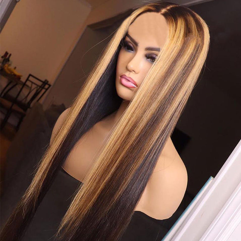 Long Straight Gradient Wig for Women - Brown Hair with Highlights 65CM
