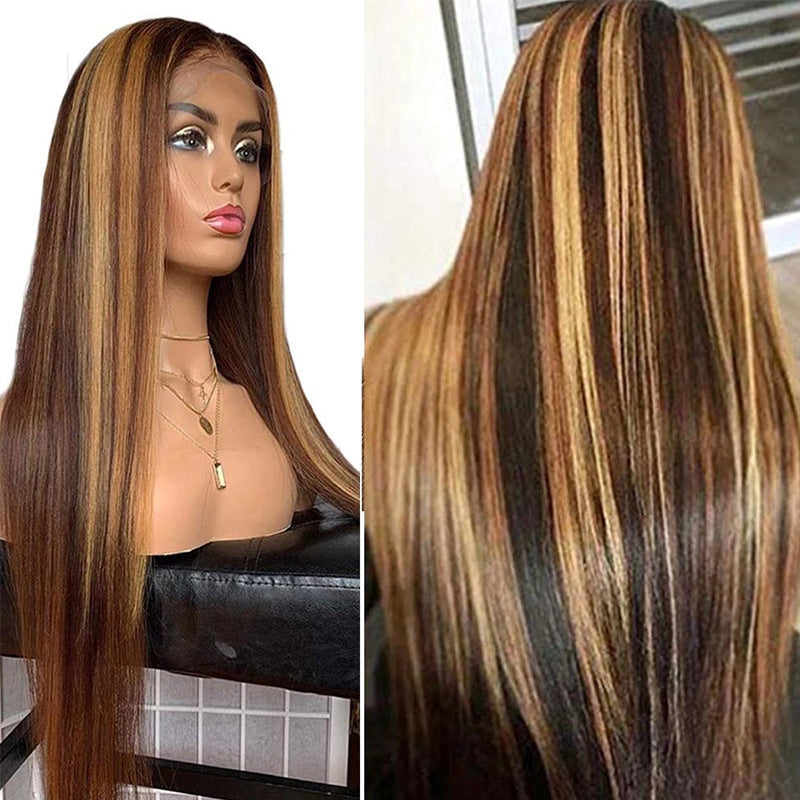 Long Straight Gradient Wig for Women - Brown Hair with Highlights 65CM