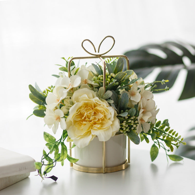 Nordic Style Ceramic Flower Vase with Faux Roses - Multiple Colors