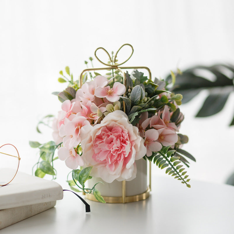 Nordic Style Ceramic Flower Vase with Faux Roses - Multiple Colors