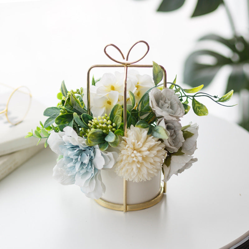 Nordic Style Ceramic Flower Vase with Faux Roses - Multiple Colors