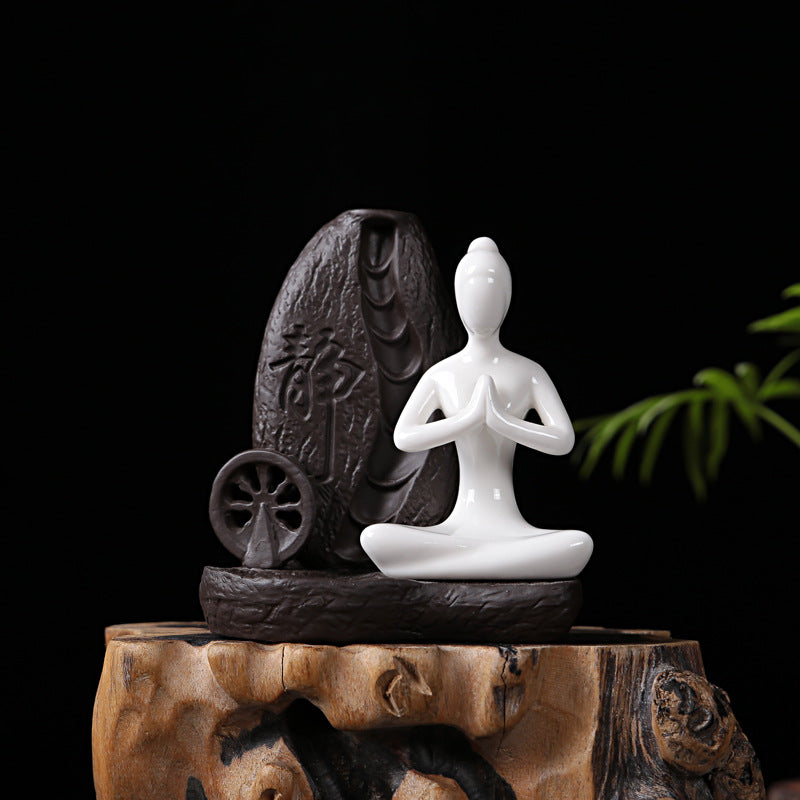 Deep Water Flowing Ceramic Incense Burner for Home & Office Decor - Black & White