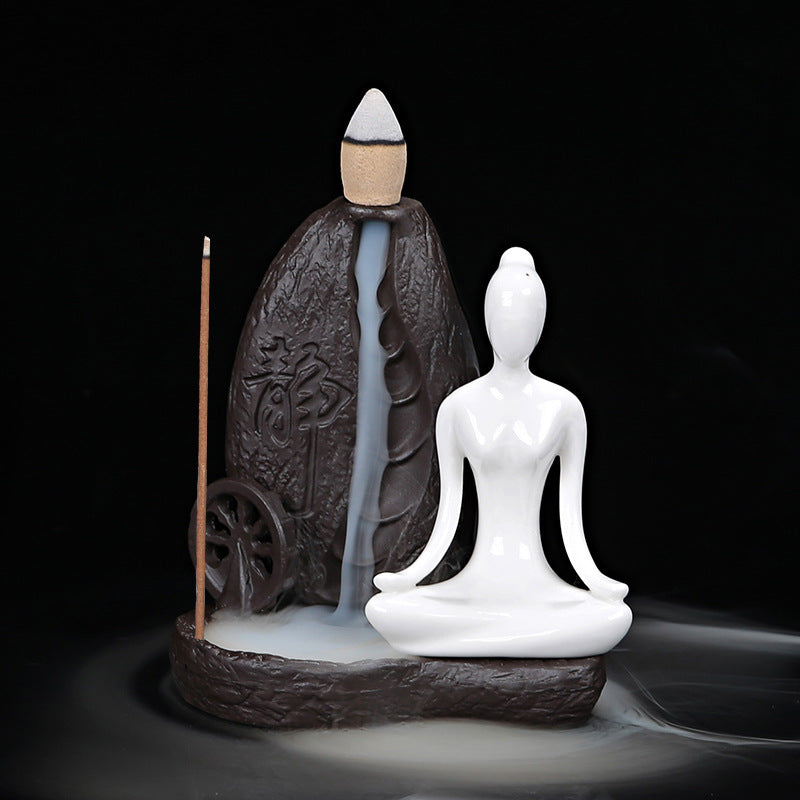 Deep Water Flowing Ceramic Incense Burner for Home & Office Decor - Black & White