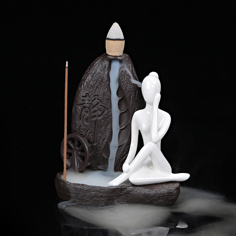 Deep Water Flowing Ceramic Incense Burner for Home & Office Decor - Black & White