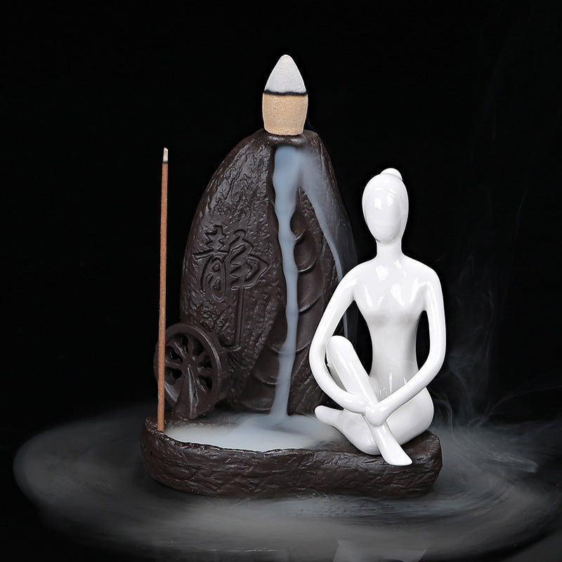 Deep Water Flowing Ceramic Incense Burner for Home & Office Decor - Black & White