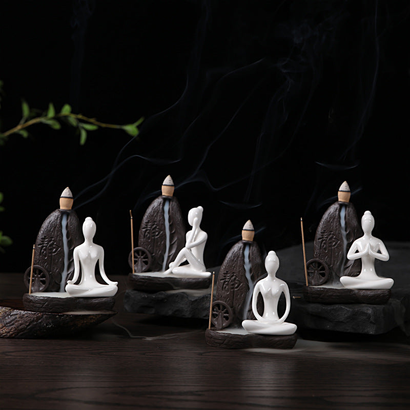 Deep Water Flowing Ceramic Incense Burner for Home & Office Decor - Black & White
