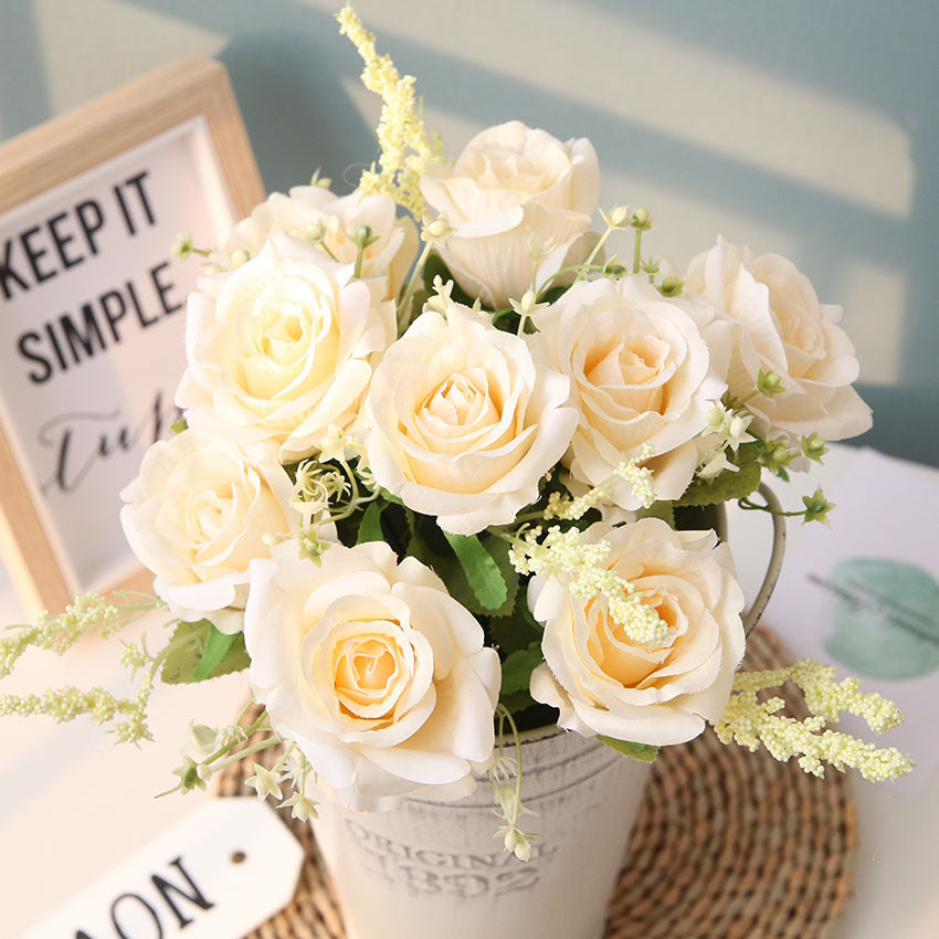 Nordic Fake Flower Bouquet for Wedding & Home Decor - Silk Roses & Greenery