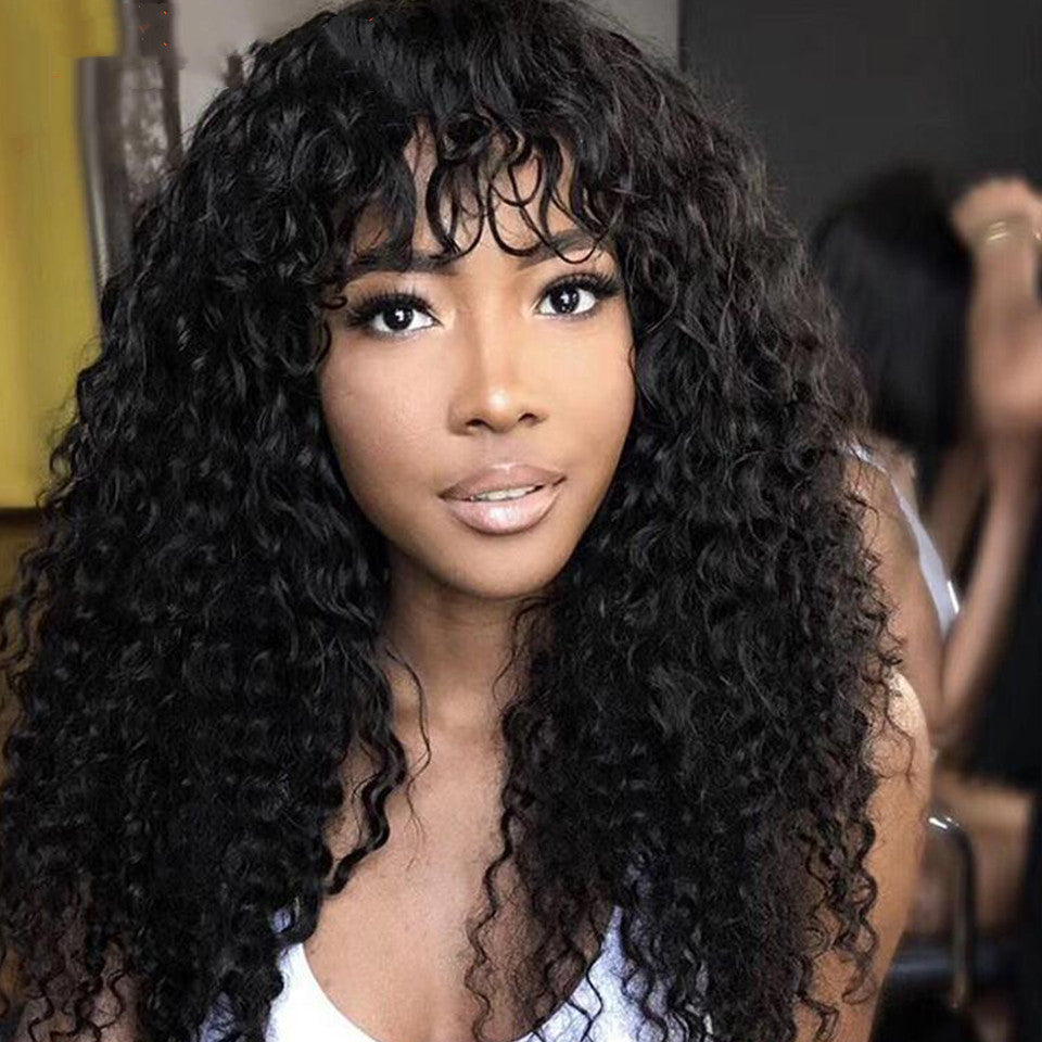 Long Curly Hair Wig with Bangs - Black